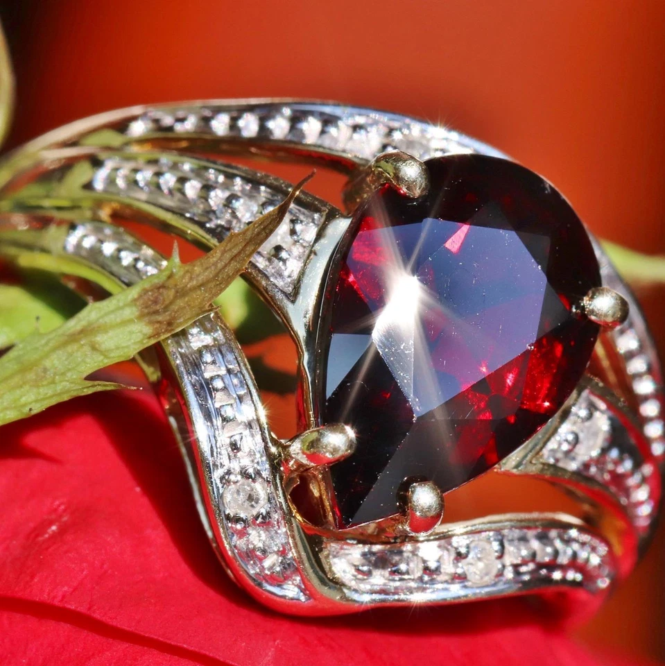Anillo oro amarillo 14k 3.31ct Mozambique granate diamante talla 10 vintage 4.7gr N3000C Foto 1 de 4