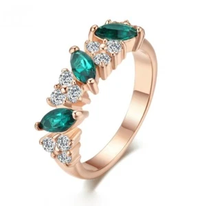 Rose Gold Marquise Emerald Green Cubic Zirconia Elegant Ring Band, Size 7.25 - Picture 1 of 2