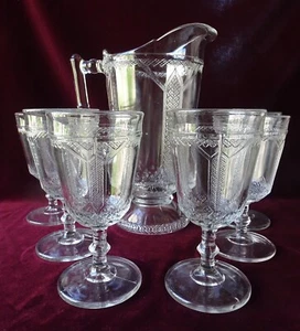Antique EAPG Glass Water Pitcher with 6 Goblets, Diamond Lattice, King Son & Co. - Picture 1 of 12