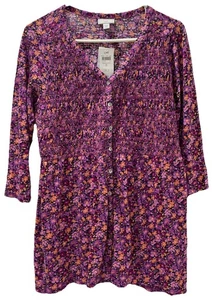 J Jill Top Shirt Damen Small Lila Rosa Blumen Gesmokt Knopfleiste Stretch - Bild 1 von 23