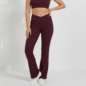 Quince Burgundy Flare Leggings Women Small High Rise Crossover Waist Yoga Pants - Picture 1 of 8