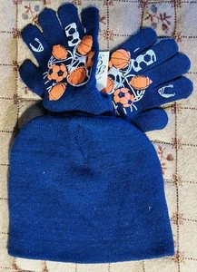 Childrens Autumn Winter Hat & Gloves Set Team Sports Navy Blue Unisex - Picture 1 of 2