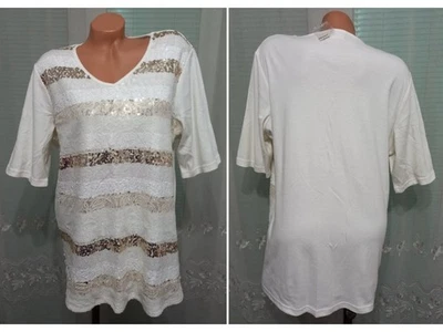 Quacker Factory Top Women XL White Sequin Lace Stripe Glam Party Holiday Festive - Image 1 of 3