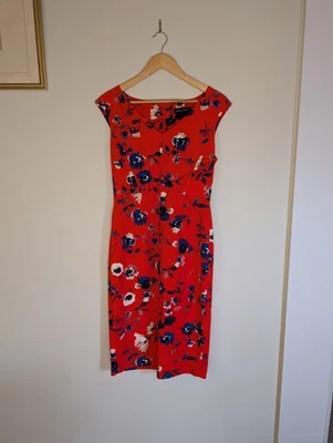 Vibrant Red Floral Sheath Dress 6 | Cap Sleeve Stretchy Knit V-Neck Office - Image 1 of 4