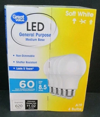 Great Value LED Light Bulb, 8.5W(60W Equivalent), Non-dimmable,Soft White, 4Pack - Image 1 of 4