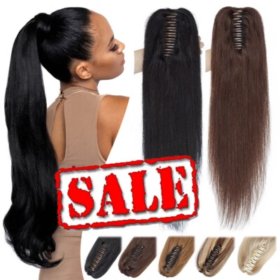 DE Pferdeschwanz Zopf Clip In 100% Echthaar Extensions Ponytail 60cm Lange Black - Bild 1 von 4