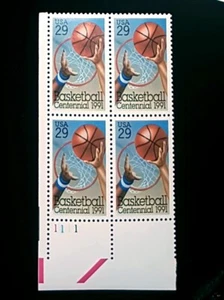 1991 Plate Block 2560! Mint MNH US Stamps! Basketball Centennial! NBA College - Picture 1 of 2