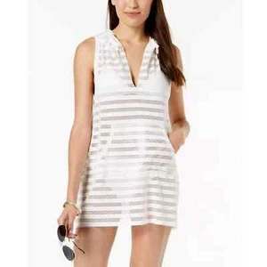 Calvin Klein Crochet Striped Hooded Tunic Swim Cover-up, Milk White, S/M - Picture 1 of 2