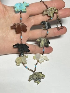 Vintage Sterling Heishe Carved Fetish Animal Stone Necklace Turquoise OO753 - Picture 1 of 12