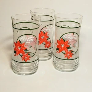 Vintage Coca Cola Poinsettia Christmas Glass Holiday Tumbler 6"-set Of 3 - Picture 1 of 3