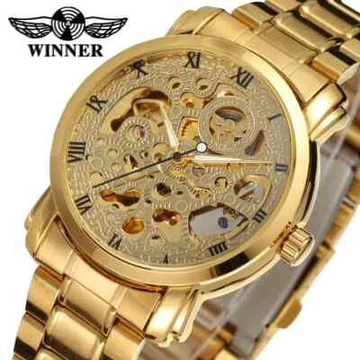 Men Watch Golden Automatic Self Wind Mechanical Wristwatch Stainless Steel Strap - Image 1 of 4