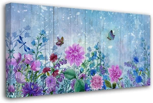 Flowers Butterfly Wall Art Blue Purple Pink Floral Painting Large Landscape Pict - Picture 1 of 6