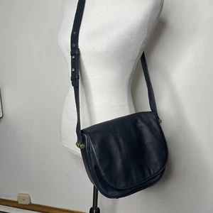 Vintage Perlina New York Blue Leather Crossbody Shoulder Bag Brass Hardware - Picture 1 of 14