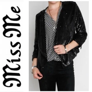 MISS ME Jacket L SEQUINS OF EVENTS Matte Black Lined Waterfall Front Blazer NWT - Picture 1 of 9