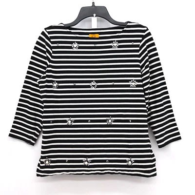 Blusa pulôver Ruby Rd feminina PM preta branca listrada com miçangas - Imagem 1 de 4