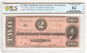 1864 $2 Confederate States Of America Seventh Issue T-70 PCGS UNC 62 - Picture 1 of 2