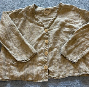 Flax Jeanne Engelhart Medium Plaid Vneck Button Down Blouse Linen - Picture 1 of 6