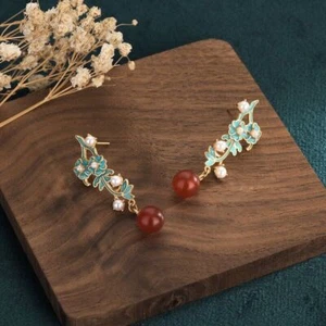 Red Natural Jade Bead Earrings 18K Gold Plated Ear Stud Charm Real Jewelry - Picture 1 of 5