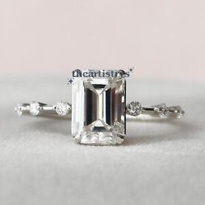 Moissanite Solitaire Engagement Ring Solid 14K White Gold 2.50 Carat Emerald Cut