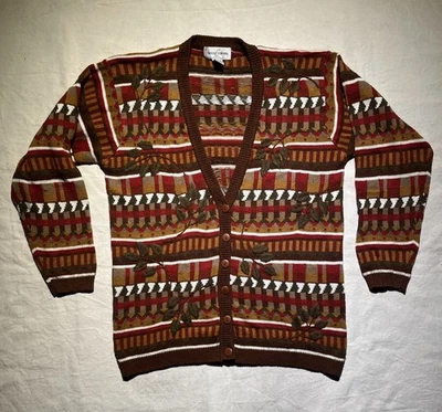 Vintage Cardigan Sweater Cottagecore Medium Knit Leaves Coogi Grandma 90s Geo - Image 1 of 4