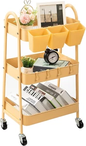 3-Tier Rolling Cart, Metal Rolling Storage Cart with Lockable Wheels & Hanging C - Picture 1 of 8