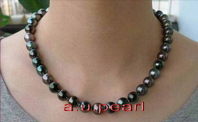 AAAAA 10-11 mm REAL Tahitian round BLACK multicolor pearl necklace 18 INCH 14K - Image 1 of 4