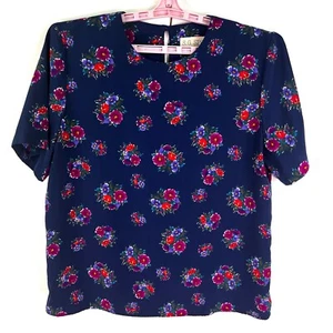 Vintage S.G. Sport Floral Short Sleeve Blouse Top Womens Size L Blue Poly - Picture 1 of 9