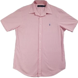 RALPH LAUREN Shirt Men's M Pink White Stipes 100% COTTON Seersucker Short Sleeve - Picture 1 of 14