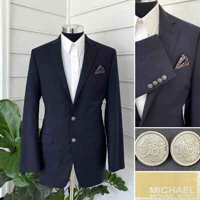 Blazer Michael Kors masculino dois botões metal botões jaqueta esporte azul marinho 40L - Imagem 1 de 4