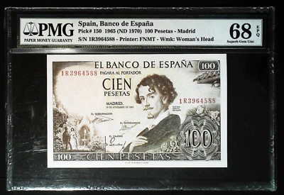 [ONLY 1 FINER] SPAIN 100 PESETAS 1965 P150 PMG 68 SUPERB GEM UNC EPQ PRETTY BACK - Image 1 of 3