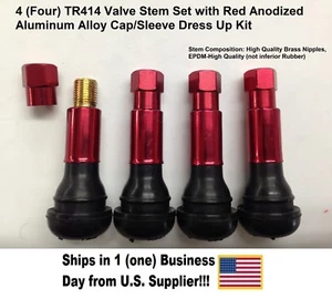 4-Set TR414 VALVE STEMS W/DRESS UP KIT-Anodized Aluminum Alloy Caps/Sleeves-Red - Picture 1 of 8