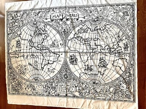 Large Fabric MAP OF THE WORLD Art Fantasy Tapestry Travel Adventure Ocean B&W - Picture 1 of 11