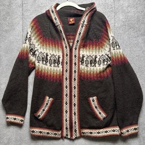 Loreto 100% Alpaca Cardigan Womens Large Brown Sweater Hooded Zip Peruvian - Picture 1 of 10