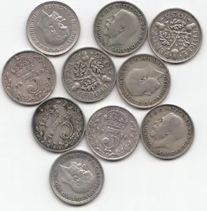 More details for george v 10 silver threepence - mixed dates 1911 to 1936 (10 different dates) 