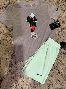 Nike Boys Dri Fit Short Set Size 7 Gray Green Shoe Box Logo - Picture 1 of 1