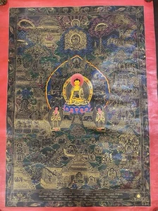Großer seltener Vinatge gemalter tibetischer Buddha Lebensgeschichte Thangka Ölgemälde Yoga - Bild 1 von 10
