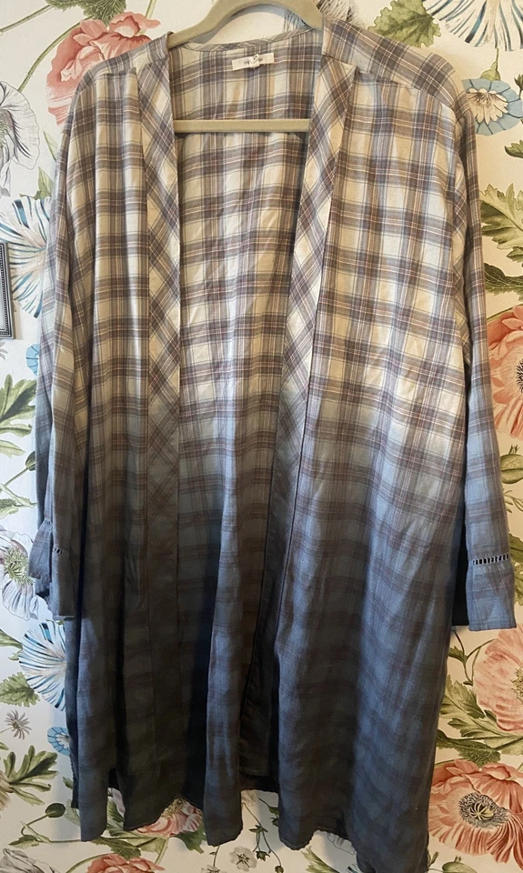 Maurices Women’s Plus 2X Dip Dye Distressed Plaid Flannel Open Kimono Duster - Image 1 of 4