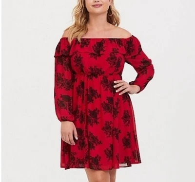 nuevo con etiquetas VESTIDO DE GASA ROJO TÓRRIDO FLORAL FUERA DEL HOMBRO Foto 1 de 4
