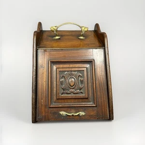 Antique Victorian Carved Wooden Coal Scuttle Box Brass Handle With Metal Liner - Picture 1 of 22