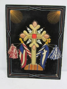 1930's Embroidered Religious Cross Shrine- American Flag & Blue and White Flag - Picture 1 of 8