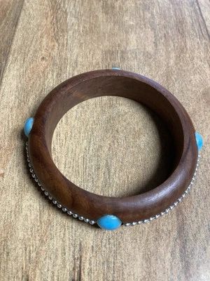 Wood Bangle Bracelet with Silver Color Beads All Around and 4 Turq Color Stones - Image 1 of 4