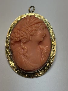 "Antiguo broche camafeo de oro amarillo de 14k colgante tallado coral 12,69 g de colección 1,5"" 3D" - Imagen 1 de 21