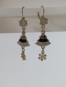 Vintage 90er Strass Weihnachtsbaum Schneeflocke Hänger Ohrhänger Urlaub Ohrringe EUC - Bild 1 von 2