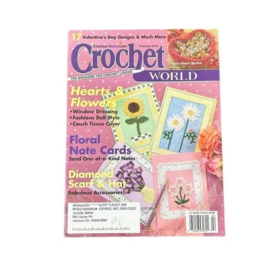 钩针世界图案杂志 复古 2005 年 2 月 心形花卡 围巾 帽子 — 第 1/4 张图片