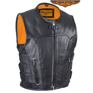 Men's Black Leather Vest with Neoprene Sides #MV315-11N SIZE S - 5XL - Picture 1 of 5