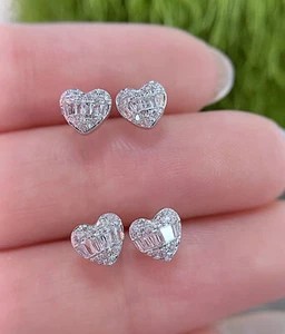18K massives Gold zierlicher Diamant Cluster Herz Piercing Ohrringe Ohrstecker für Frauen - Bild 1 von 8