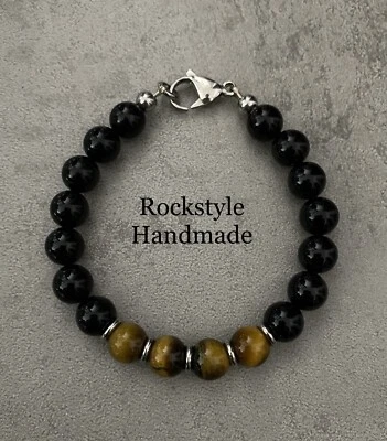 perlenarmband herren Tigerauge Silber Rocknroll Biker Lifestyle Herrenschmuck - Bild 1 von 2