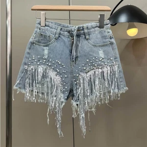 irregular fringed high-waisted denim shorts for women Summer new style - Picture 1 of 10