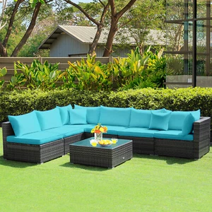 7PCS Outdoor Rattan Furniture Set Sectional Sofa with Turquoise Cushion - Picture 1 of 11
