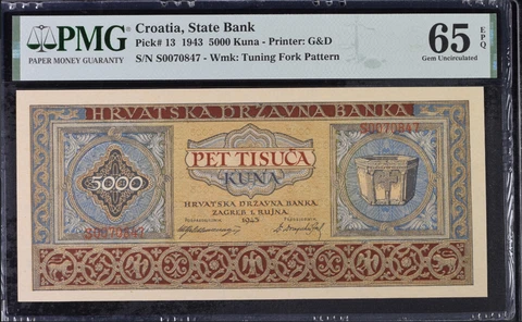 Croatia 5000 Kuna 1943 P 13 Gem UNC PMG 65 EPQ Cover